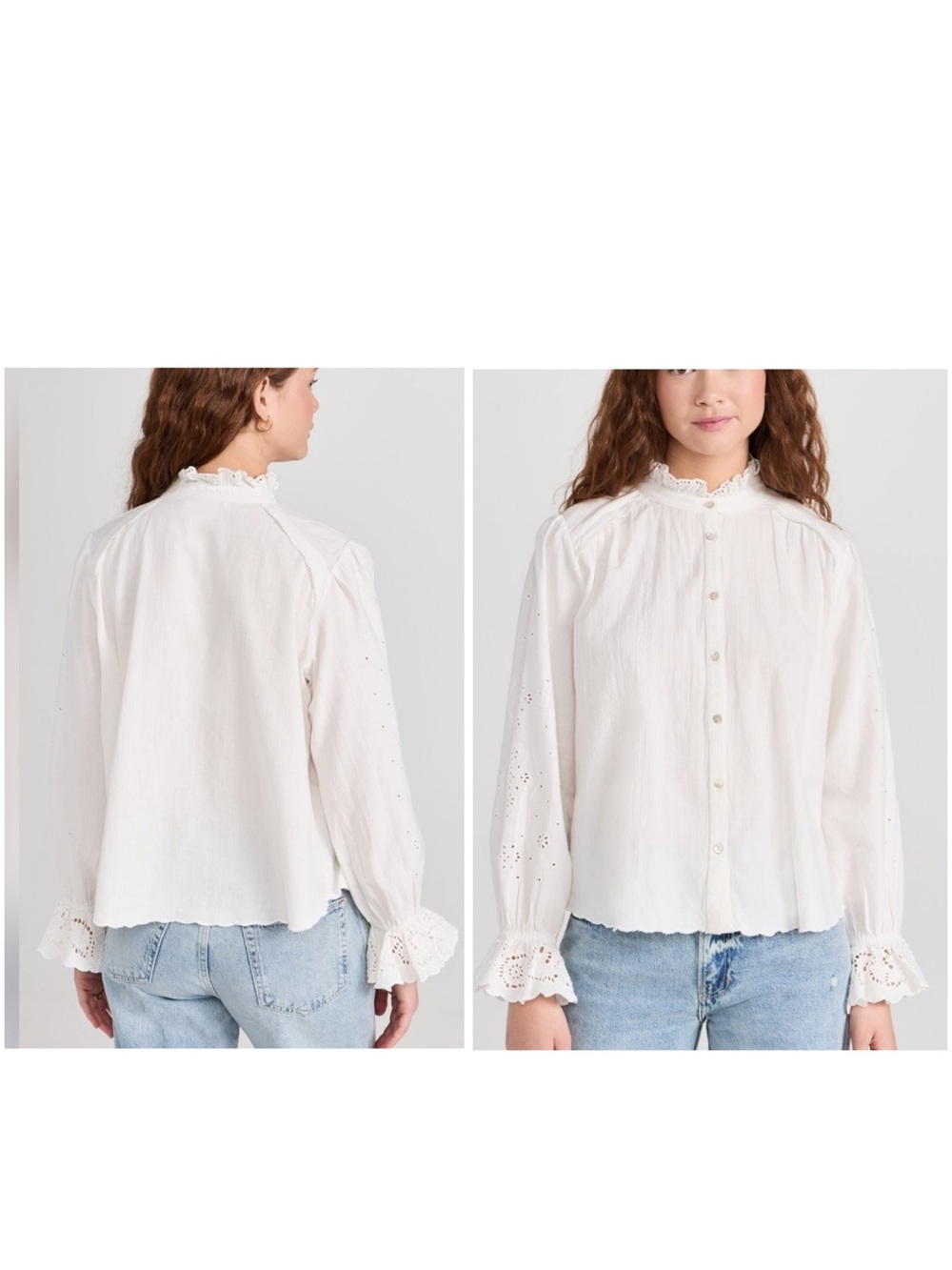 ba&sh Feely Shirt- White Eyelet Ruffled Button-Down Blouse